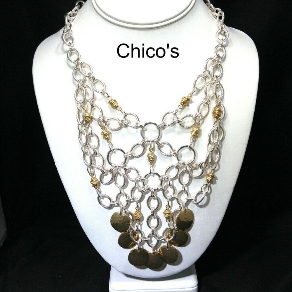Chico's Textured Silver Chain Gold Disk Long Bib Necklace, NWT, 20 Inches
